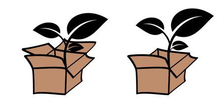 Cartoon, environmental carton or paper box with leaf. Recycled, package boxes with concept of environmentally. Friendly biodegradable packaging solutions. Plant growing, inside the cardboard boxのイラスト素材
