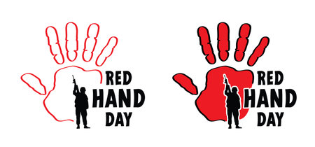 Red Hands for Red Hand Day. Paint hand or hand print silhouette. February, campaign, end the use of child soldiers. Help to stop child abuse. Show your red hand to the world. Stop childeren in the warのイラスト素材