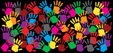 Cartoon drawing hand palm. Baby or kids paint hands or child handprint. Child hand prints. Vector silhouette, smile and face. Human fingers and palm icon. Grown up and children iconのイラスト素材