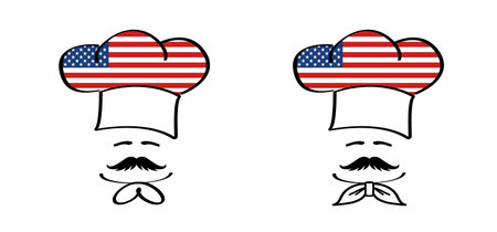 Cartoon chef cap with mustache and USA, America flag. Chef hat or cap. Kitchen cook or cooking hat. Vector menu logo or icon. american, USA pizza, cuisine bakery. bakery symbol. Chief capのイラスト素材