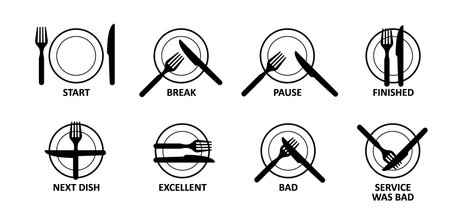 The language of cutlery, eating rules. Dining etiquette at the table. Cutlery etiquette. Plate, fork, knife, spoon icon. Basic Restaurant Etiquette. Ready to eat. Cartoon table manners.のイラスト素材