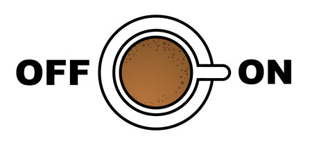 Cartoon coffee power turn on or power off. Coffee or tea break. Measuring scale with cup of coffee. Coffee time. Vector icon. Full energy charge. Energy drinks. Toggle switchのイラスト素材