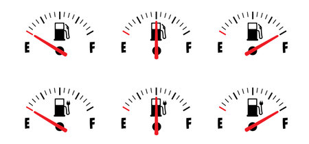 Cartoon fuel gauge. Car fling station. Petrol pump or electric plug meter. Electrical cable. Gas...