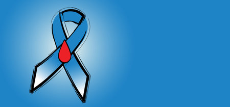 Cartoon hand, blood drop. World diabetes day. Human hands and lifted up index. Finger and drops of blood. November 14, global awareness month campaign focusing on diabetes. Blue circle, ring ribbon.のイラスト素材