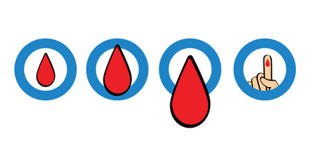 People hand, blood drop. World diabetes day. Human hands and lifted up index. Finger and drops of blood. November 14, awareness month campaign focusing on diabetes. Blue circle, ring ribbon.のイラスト素材
