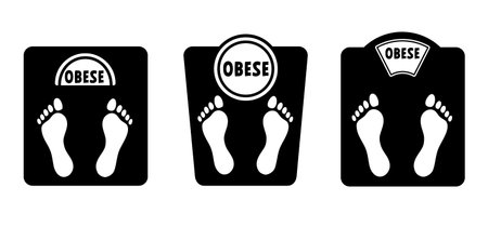 Help, obese calories. Diet scale or weighing scale. Balance obesity problem. Vector weight scale icon. World diabetes day. People on unhealthy with overweight. BMI concept.のイラスト素材
