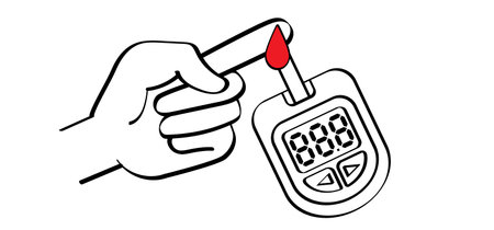 Glucose meter or glucometer. Blood sugar test, level on display. World diabetes day. People on unhealthy with overweight, obesity. Human hands and lifted up index. Finger and drops of blood.のイラスト素材