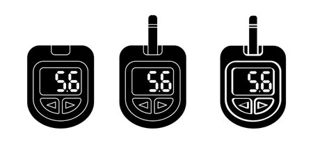 Blood, glucose meter or glucometer. Blood sugar test, level on display. diabetes insulin. Device for testing and monitoring level of sugar. Cartoon control and diagnosis of diabetes.のイラスト素材
