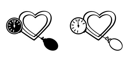 Cartoon blood pressure monitor, Medical tonometer. Pressure blood high or low, medical device. Measure the patient's blood pressure. Control healthcare concept. Heart-check. EKG heartbeat line pulse.のイラスト素材