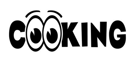 Cartoon slogan cooking with drawing eye, iris and eyelash. Vector success, motivation and inspiration for kitchen food, chef logo. Cook face with smile.のイラスト素材