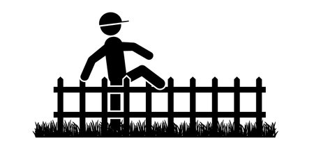 Cartoon, please do not climb on fence balustrade. Stickman, stick figure man cloud on crowd barrier. Forbid Stop halt allowed, no ban sign. Fencepost or fence post. Don't enter.のイラスト素材