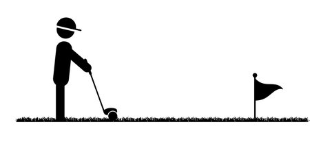 <p>Stickman, stick figure man with golf stick. Golf player and golf course icon. Golf club with a ball silhouette. Sportsman hitting ball with niblick to golf hole.</p>のイラスト素材
