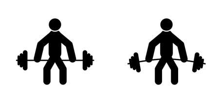 Cartoon sportsman stickman, stick figure man and weightlifting. Weightlifting icon or pictogram. Fitness workout. Weightlifter lifts big or heavyweight barbell. Body building processのイラスト素材
