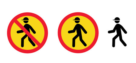 Stop halt allowed area. Do not enter danger warning. traffic sign. Vector attention, forbidden, caution, admittance signs. No ban walking zone. Stick figures man, stick man symbol. No pedestriansのイラスト素材
