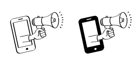 Social media, mobile, communicate to speak symbol. Cartoon megaphone to speak message. Loudspeaker, horn, announcing for attention talk. megaphone amplifier. Talk or talk loud.のイラスト素材