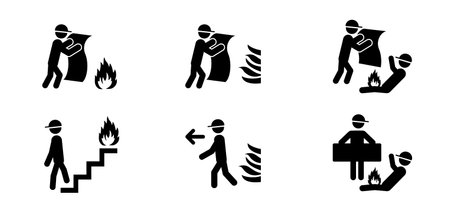 Fire blanket or extinguishing blanket symbol. Man with fire flame. Stop, don't open fire. to evacuate icon or sign and label. Warning, dangerous flames alarm or sprinkler signal. Help icon.のイラスト素材