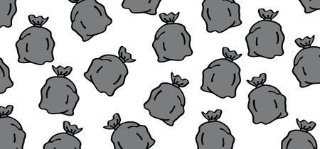 Dust bin, garbage bag banner. Rubbish can and plastic bag. Waste bin or litter bin. Garbage can, trash can. Trash bin or dust bin symbol. For waste recycling, plastic bag pile.のイラスト素材