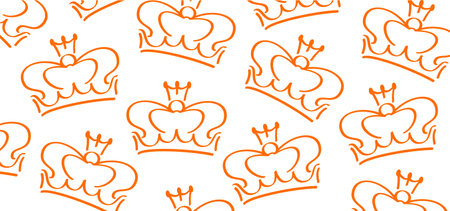 Cartoon sketch crown. Graffiti crown icon, Queen or king crowns. Orange background. Traditional festival on April. Holland, King's Day or Queen's Day. Dutch party sign. brush line. Orange the world.のイラスト素材