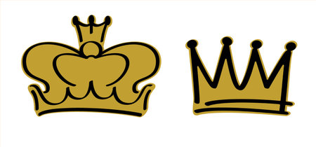 Cartoon golden sketch crown. Graffiti crown icon, Queen or king crowns. Royal imperial coronation symbols, monarch majestic jewel tiara icons. Prince and princess, diadems or diamond gold crownsのイラスト素材