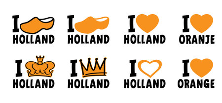 Slogan i love orange or orange. Queen or king crown icon. Traditional festival on party. Holland, King's Day or Queen's Day. walk clogs, farms clogs sign. The Dutch shoeのイラスト素材