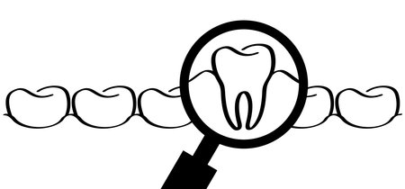 For dental day, dentists day. Cartoon healthy, magnifying glass showing tooth in-gums. Vector drawing icon. Damage teeth or tooth with caries and with roots visible. Cracked, damagedのイラスト素材
