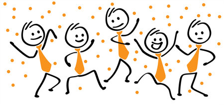 Business stickman waving with the netherlands flag, traditional festival on april. Holland, King's Day or Queen's Day. Stick figures with orange necktie and clothing. Vector dutch party sign. Orangeのイラスト素材