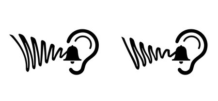Tinnitus. Ringing in the ears. Human ear with tinnitus icon. Vector line pattern. Unbearable ringing in ears. Concept of diseases of hearing organs or neurology problems. Audiogram and audio wave.のイラスト素材