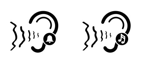 Tinnitus. Ringing in the ears. Vector line pattern. Unbearable ringing in ears. Concept of diseases of hearing organs or neurology problems. Deafness, limited hearing. Ear hearing loss Deaf icon.のイラスト素材