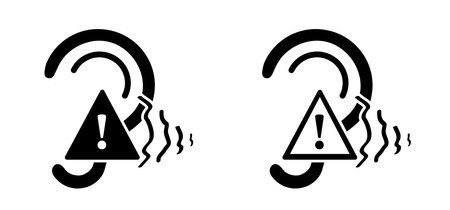 Tinnitus. Ringing in the ears. Vector line pattern. Unbearable ringing in ears. Concept of diseases of hearing organs or neurology problems. Deafness, limited hearing. Ear-hearing loss. Deaf icon.のイラスト素材