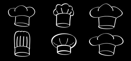 Cartoon chef's hats. Chef clothing uniform caps. Vector icon or symbol. Toque cuisine chef for kitchen. Chef hat or cap. cook logo.のイラスト素材