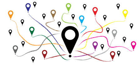 Pointer or point trekking route. Marks, location marketer icon. Pin between multiple points. Navigation and travel concept. Dotterd track, line pattern. Map, road, direction arrow. Pin points mark.のイラスト素材