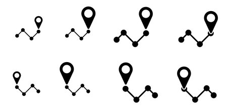 Navigator. Pointer or point trekking route. Marks, location marketer icon. Pin between multiple points. Navigation and travel, way road route track concept. Map, road, arrow. Pin points mark.のイラスト素材