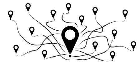 Pointer or point trekking route. Marks, location marketer icon. Pin between multiple points. Navigation and travel concept. Dotterd track, line pattern. Map, road, direction arrow. Pin points mark.のイラスト素材