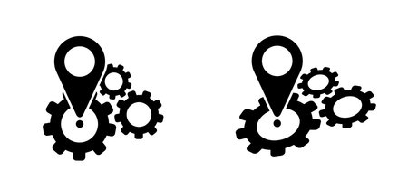 Cog wheel, pointer or point icon. Marks, cog location marketer sign. Pin between multiple points. Navigation and travel concept. Dotterd track, line pattern. Gear, pins, points mark.のイラスト素材
