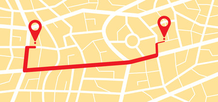 A to B with pin pointers icon. Navigation or navigator, maps, road, direction arrow. Pins, points mark. Pointer or point trekking route. track and trace city, street map. Markers, map locator, urban.のイラスト素材