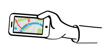 Mobile map with pin pointers. Smart phone, navigation or navigator, maps, road, direction. Pins, points mark. Pointer or point trekking route. track and trace city, street map. Markers, locator, urban.のイラスト素材