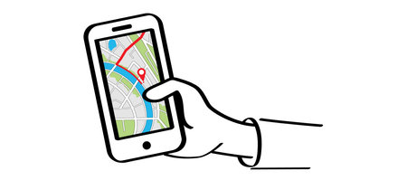 Mobile map with pin pointers. Smart phone, navigation or navigator, maps, road, direction. Pins, points mark. Pointer or point trekking route. track and trace city, street map. Markers, locator, urban.のイラスト素材