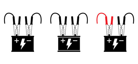 Cartoon jumper cable or jumper lead for car. booster cable icon. Plus and minus poles. Empty battery and charge the cars. Battery jumper power cables. Jump start vehicle cable. Charging battery sign.のイラスト素材