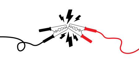 Cartoon jumper cable or jumper lead for car. booster cable icon. Plus and minus poles. Empty battery and charge the cars. Battery jumper power cables. Jump start vehicle cable. Charging battery sign.のイラスト素材