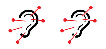 Cartoon acupuncture needles in the ear, Acupunctured in ears. Human, medical procedure or traditional, alternative medicine. Non surgical ear pinning. Beauty and personal care symbol, cosmetic therapyのイラスト素材