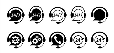 cartoon help desk icon. Customer service icon. Headphone for support or 24/7 service. Call center operator sign. Support and help around the clock or 24 hours a dayのイラスト素材