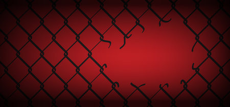 Red danger ripped steel wire chain. Chain link fence. Safety fence pattern. Seamless chain link fence netting torn. Wire mesh stem icon. Grid metal chain link. Metallic wired fence pattern. Rabitz with hole.の写真素材