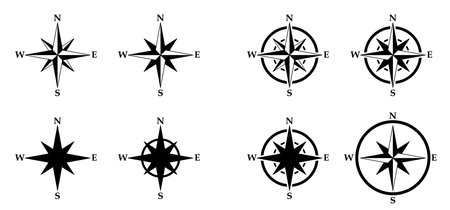 Cartoon magnetic compass, arrow compass icon. Navigational compass with cardinal directions of North, East, South, West. Geographical position, cartography and navigation symbol. navy compassのイラスト素材