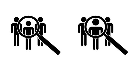 Profile and magnifying glass. Stickman, search job vacancy icon. Recruitment symbol. Hiring set. people symbol. We're Hiring, Join Our Team. Find candidate for contract. Talent worker.のイラスト素材