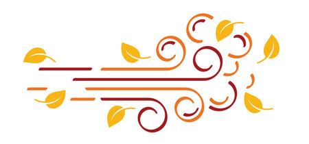 Cartoon fall. Leaves, springtime. Puff or wind blow line symbol. leaf, blowing wind, weather, environment. Gust icon. Wind trails. Dust spray and wind blowing trails. Windy weather, forecast.のイラスト素材