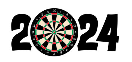 Best wishes, we wish you a happy new year 20243 white dart board symbol. Dartboard icon. Game board and darts game. Sports equipment and arrows. Throw single, double or tripleのイラスト素材