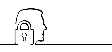 Cartoon face key profile icon. Unlock, open or close lock system. Access granted. Head profile speak, communication icon. Assistance vector icon. Psychology therapy concept. Password protectionのイラスト素材