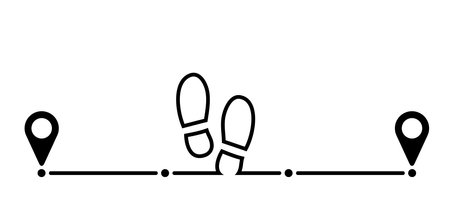 Pointer or point walk trekking route. Footprint, footstep icon. pin between multiple points. GPS navigation and travel concept. Dotterd track, line pattern. Map, road, direction arrow.のイラスト素材