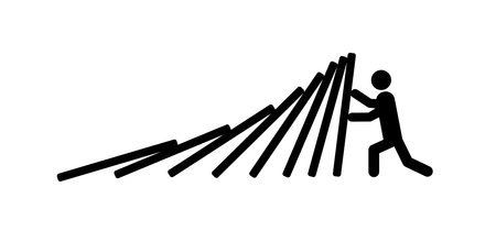 Cartoon stickman stop falling domino effect. Stack break crisis conflict, crash safety. Business resilience concept Classic dominoes, dominoes icon. Man or person stopping domino effect.のイラスト素材