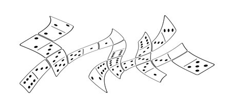 Cartoon domino tiles. Classic dominoes, dominoes icon. Playing, parts of game full bones tiles. Black, white dominoes. Flat vector set. 28 pieces. White chip of domino on board for gambling.のイラスト素材